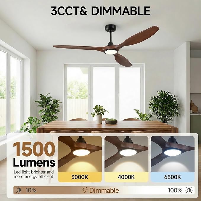 Skylike 52" Wood Outdoor Ceiling Fan with Lights, Propeller Farmhouse Ceiling Fan and Remote Control, 3 Blade Dark Walnut Ceiling Fan for Patio,Porch, Gazebo, Bedroom