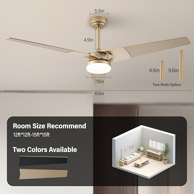 Ceiling Fan with Lights and Remote, 3 Blade App Control Timer Reversible Stepless Brightness and Color Temperature Outdoor Wood Ceiling Fan with Lights (Gold, 60 I)