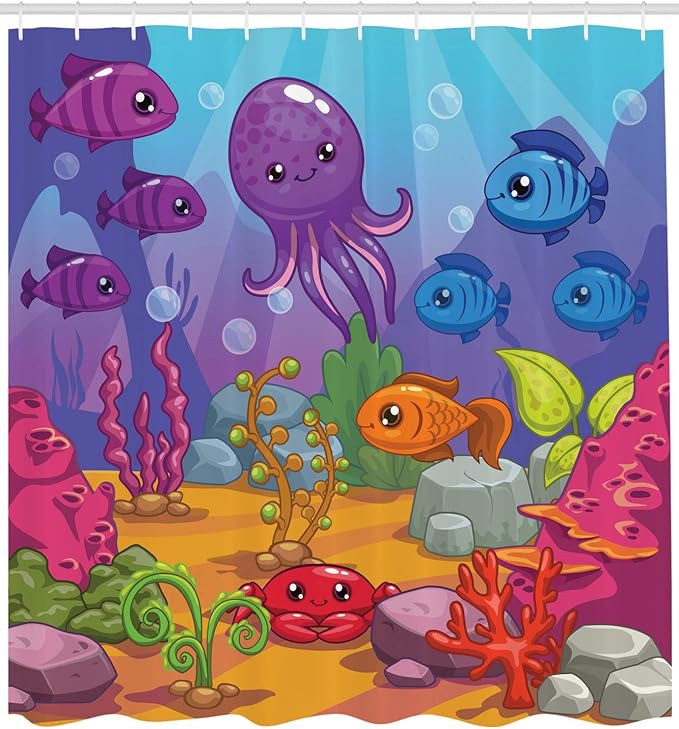 Ambesonne Whale Shower Curtain, Underwater World Aquarium Cartoon Octopus Reef Seaweed Stones Bubbles Illustration, Cloth Fabric Bathroom Decor Set with Hooks, 69" W x 70" L, Purple Blue