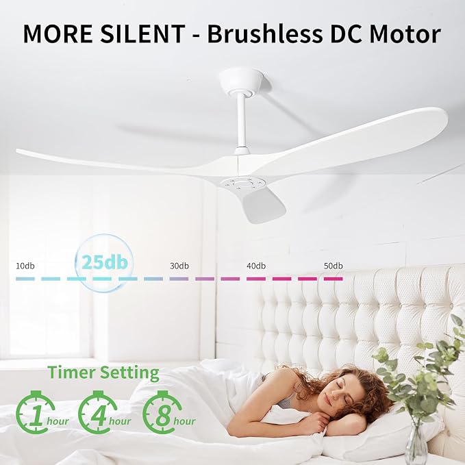 72 Inch White Ceiling Fan No Light ，Wood Outdoor Ceiling Fans for Patios Living Room Garage Kitchen Mid Century Modern Exterior Extra Large Ceiling Fan Without Light with Downrod
