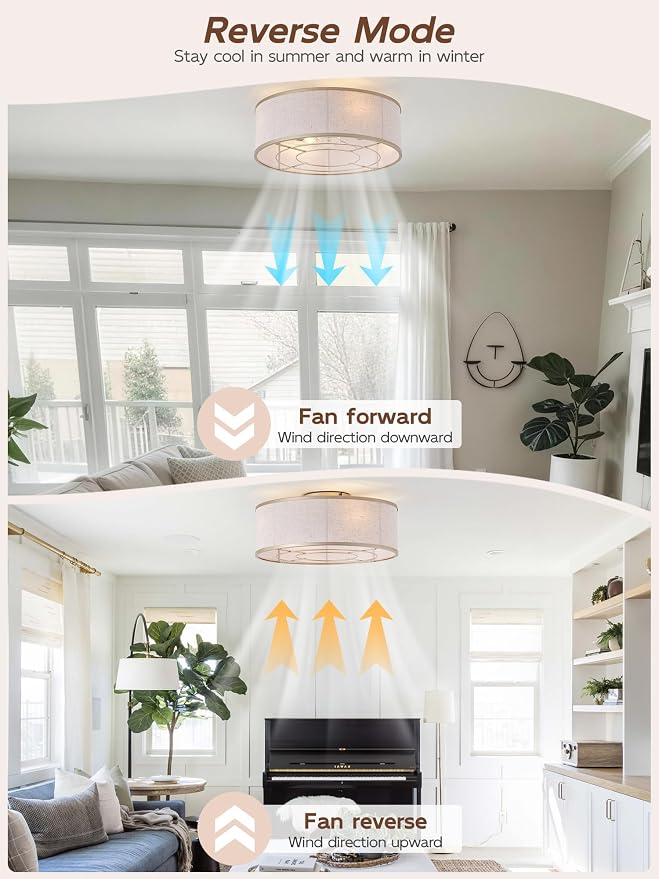 Gold Flush Mount Ceiling Fans with Lights, 20" Caged Boho Ceiling Fan with Light and Remote, Bladeless with 6 Speeds for Bedroom, Nursery, Living Room