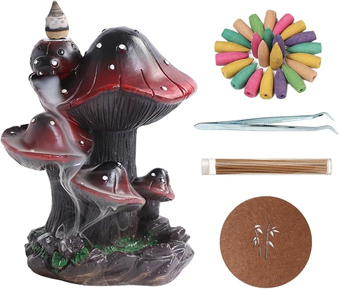 Simcat Backflow Incense Burner Holder Mushroom Handicraft Decor Resin Reverse Flow Incense Burner Censer Cone Incense Waterfall Burner + 20 Backflow Incense Cones 30 Incense Sticks 1 Tweezer 1 Mat