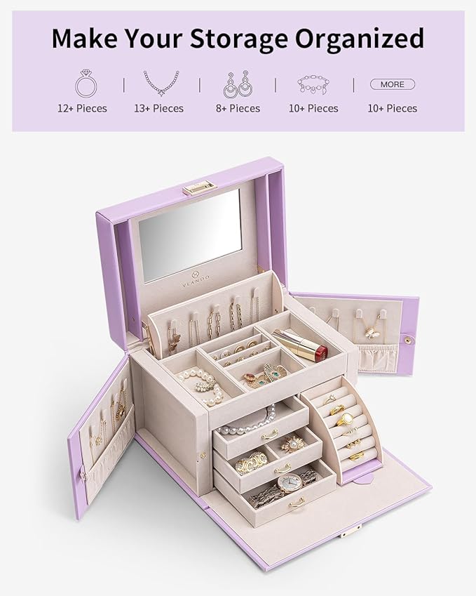 VLANDO Jewelry Box Organizer for Girls Women, Large Baroque Jewelry Holder Organizer with Mirror, 3 Drawers for Bracelets, Earrings, Rings, Necklaces, Mothers Day Gifts for Loved One, Purple