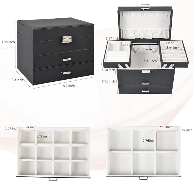 Dajasan Jewelry Organizer Box, Large Jewelry Boxes for Women Girls, Space-Saving 4 Layers Jewelry Storage Case with Drawer, Movable Metal Stand, Modern, Gift Idea (Black + Silver)