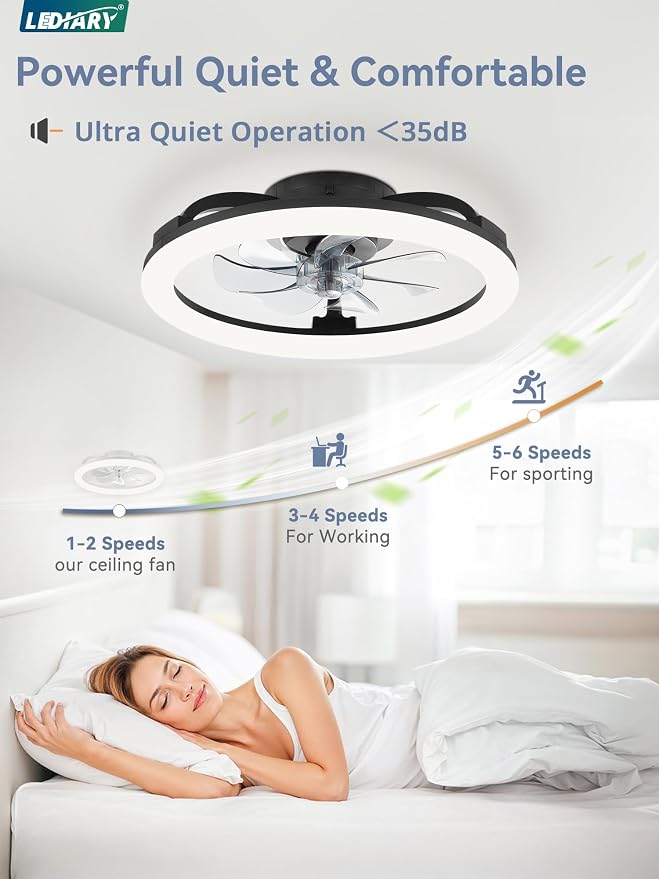LEDIARY 20 Inch Low Profile Ceiling Fans with Lights and Remote, Dimmable Modern Fan Light(3000K-6000K), 6 Speed, Reversible, APP & Remote Control, Flush Mount Ceiling Fan for Bedroom, Black
