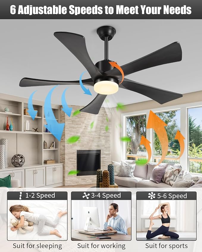 52 Inch Ceiling Fans with Light Remote, Black Ceiling Fan USA Original Patent, 3 Downrods, 5 Wood Blades,ETL Listed, 6 Speed Quiet DC Motor Outdoor Indoor Fan for Bedroom, 52" Black