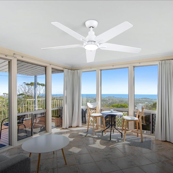 52 Inch Ceiling Fan with Light and Remote Control, White | 6-Speed Quiet Reversible DC Motor, 3CCT Dimmable 24W LED Light,5 Wood Blades,Used for Bedroom, Living Room, Covered Patio