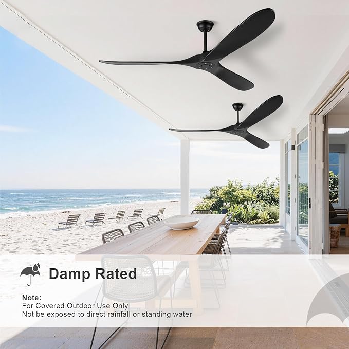 heimo 60 Inch Black Ceiling Fan No Light，Indoor Outdoor 3 Blade Wood Ceiling Fans Without Lights for Patios Bedroom Living Room Farmhouse Big Outside Fan for Sloped Angled Ceiling