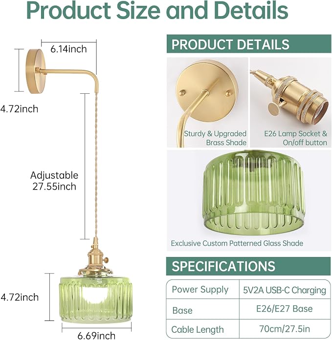 Shenmoyl Battery Operated Wall Sconce with Green Striped Shade Pattern Glass Adjustable Chain Retro Gold Wall Mounted Light, Modern Wall Decor for Bedside Bedroom Indoor Doorway， Set of 2