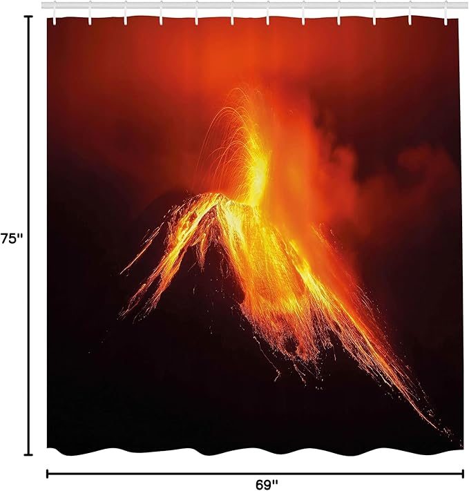 Ambesonne Volcano Shower Curtain, Tungurahua Volcano in Ecuador Exploding at Night Nature and Geology, Cloth Fabric Bathroom Decor Set with Hooks, 69" W x 75" L, Orange Yellow