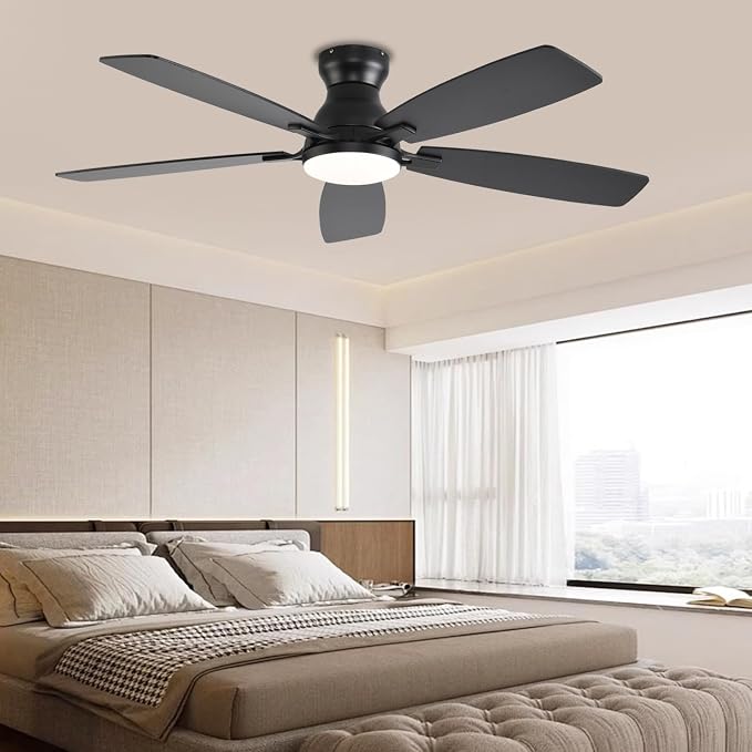 NKPU Ceiling Fans with Lights, Low Profile Ceiling Fan with Light and Remote/APP Control, DC Motor, Noiseless, Flush Mount, 52inch Black Ceiling Fan for Bedroom Indoor/Outdoor Use