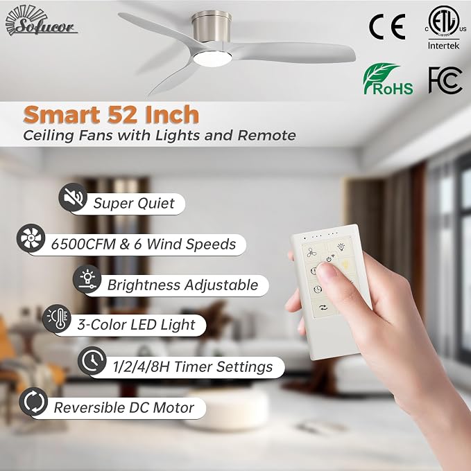 Sofucor 52 Inch Smart Ceiling Fan with Lights, Modern Low Profile Flush Mount Ceiling Fan with 6500CFM, Compatible with Alexa/Google/App, 3 Plastic Blade, Dimmable Timer Reversible DC Motor, ETL, ABS