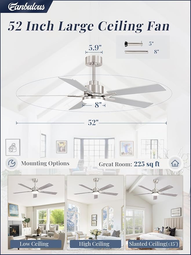 52 Inch Ceiling Fan with Light and Remote, 6 Speeds Reversible DC Motor Ceiling Fans for Bedroom Living Room Patio, 3CCT Dimmable LED, 5 Wood Blades, Downrod Mount, Sloped Ceiling Compatible