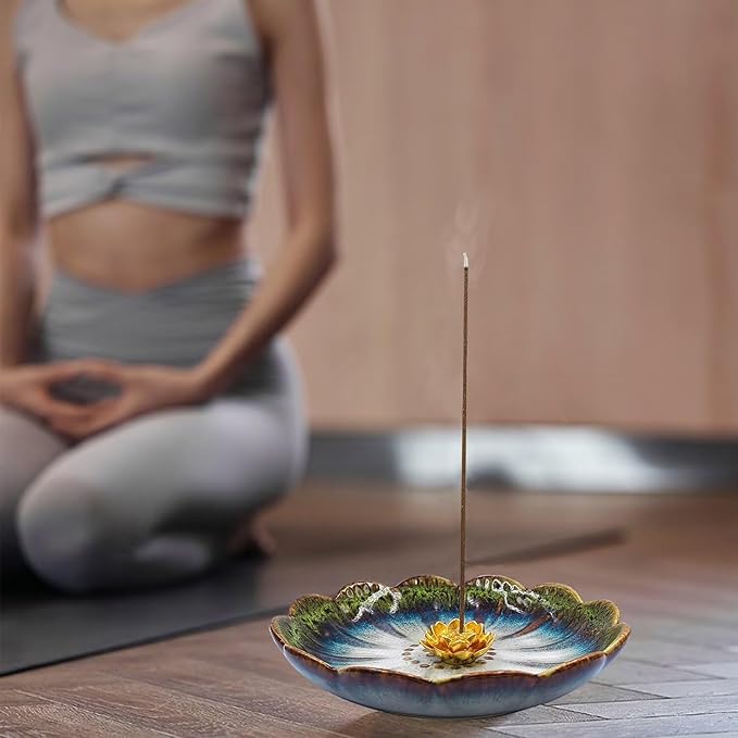 Incense Holder for Sticks,Lotus Flower Coil Incense Burner Holder,Ceramic Sage Holder Palo Santo Holder,Ash Catcher Tray for Meditation Yoga Room Decor,Green
