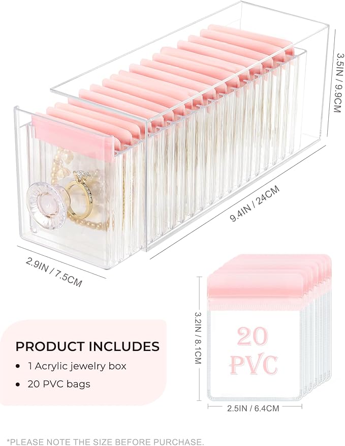 HOMEHIVE Clear Acrylic Jewelry Organizer Box with 20 Portable Pouches, Jewelry Storage Case for Women Girls, Tangle-Free, Anti-Tarnish, Compact Storage for Necklaces/Earrings/Rings, Upgraded Pink