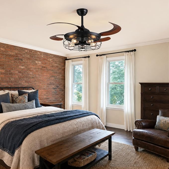 48" Rustic Ceiling Fan with Lights and Remote, Industrial Fandelier Ceiling Fan Black Retractable Invisible Ceiling Fan for Farmhouse Living Room Dining Room Bedroom Kitchen Garage