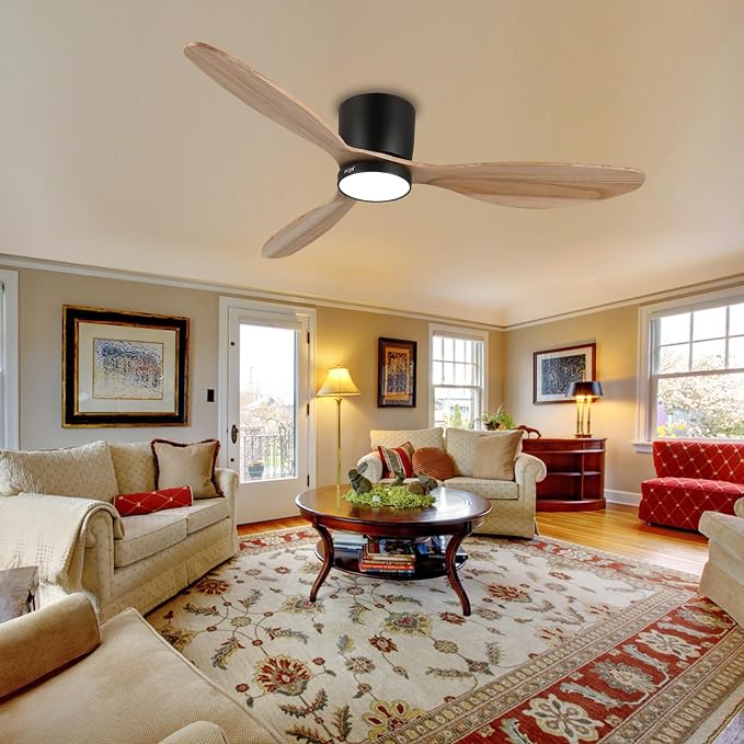 reiga 52" Natural Wood Flush Mount Ceiling Fan with Light, Quiet DC Motor | 3 solid wood blades, reversible silent motor; dimmable 3CCT LED light, remote timer for bedroom & mid-century indoor spaces