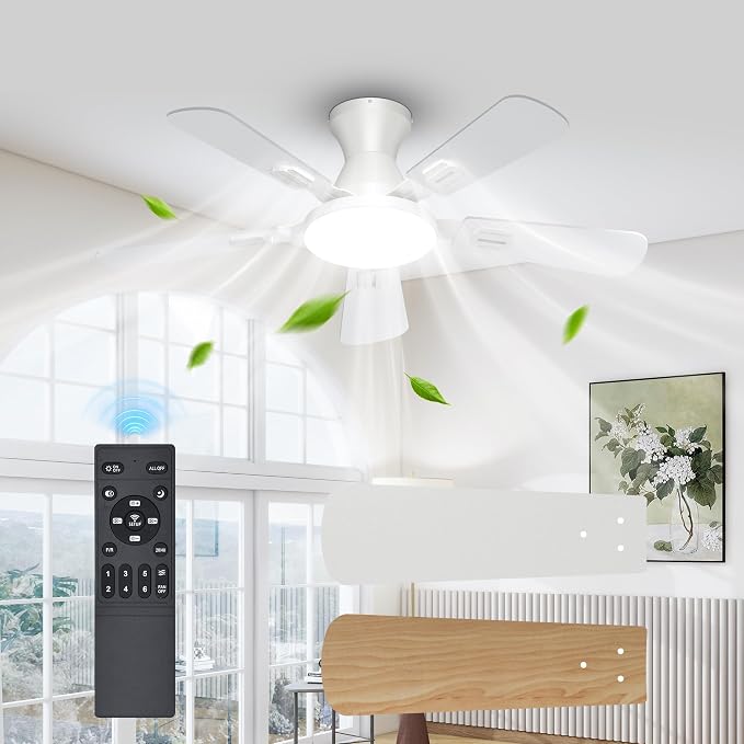 UME 42" Ceiling Fan with Lights & Remote, 6 Blades Low Profile Ceiling Fan, Quiet DC Motor, Natural Wind, 6 Speeds, 3CCT Dimmable 20W LED Modern Ceiling Fan for Bedroom, Living Room, White