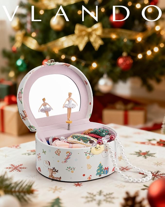 VLANDO Gifts for Girl, Musical Jewelry Box for Girls, Small Kid Music Box with Ballerina, Gifts for Christmas Girls Kids - Christmas White
