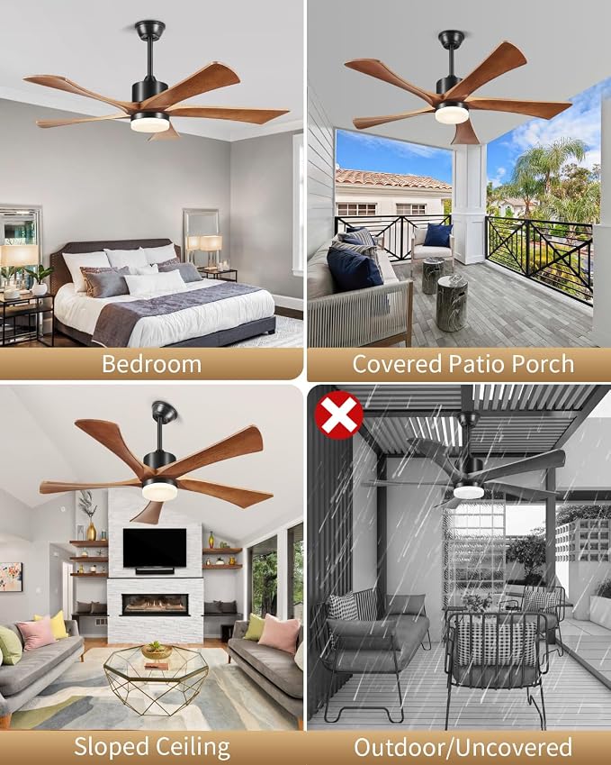 Ceiling Fan with Lights and Remote APP Control, 52" Smart Indoor/Outdoor Ceiling Fan for Patios, USA Original Patent, Dimmable, 5 Blades, 6 Speeds Reversible Fans, 52" Black and Dark Walnut