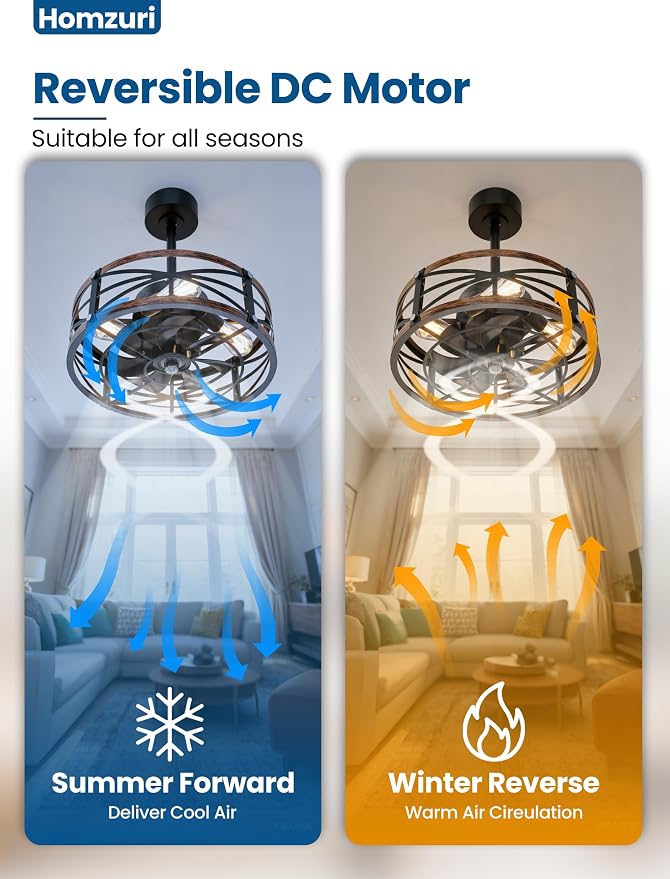 20" Caged Ceiling Fan with Light and Remote App Control, Rustic Round Downrod Mount Ceiling Fandelier Lights, 6 Speed and Reversible, Farmhouse Industrial Style for Bedroom, Kitchen