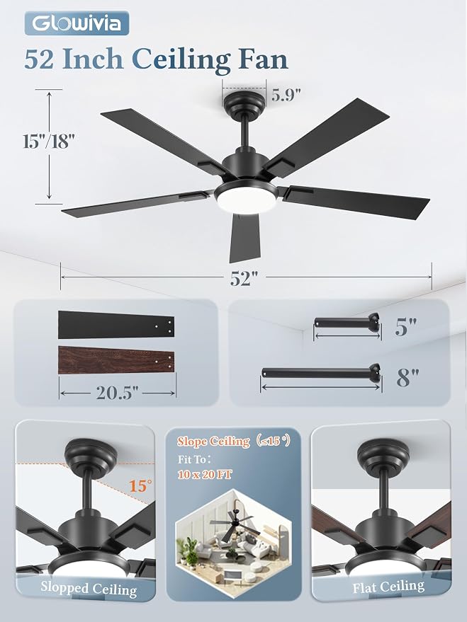 2 Pack 52 Inch Ceiling Fans with Lights and Remote&APP Control, Black Smart Ceiling Fan with 3000-6000K Dimmable, 6 Speeds Reversible, Indoor/Outdoor Ceiling Fan for Bedroom Living Room