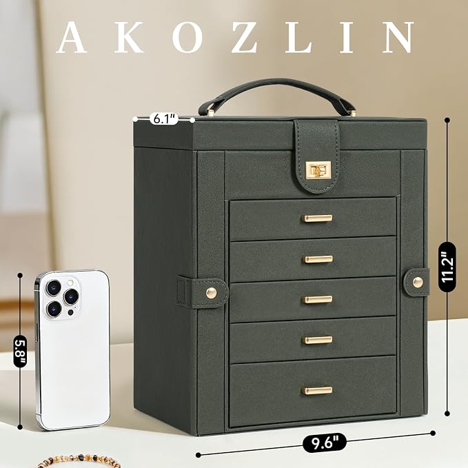 AKOZLIN 6-Tier Jewelry Box Organizer Functional 5 Drawers Leather Jewelry Storage Case for Women Girls Ring Necklace Earring Bracelet Holder Organizer with Mirror Medium Dark Green