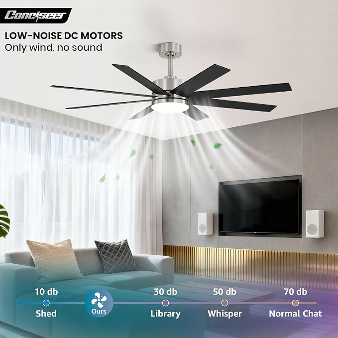 72 Inch Ceiling Fans with Lights and Remote, Dual Color 8 Blades, Living Room Office Library Cafe Indoor Outdoor Industrial, 3CCT Dimmable, 6 Speed Reversible Quiet DC Motor, Sand-nickel/Wood Grain
