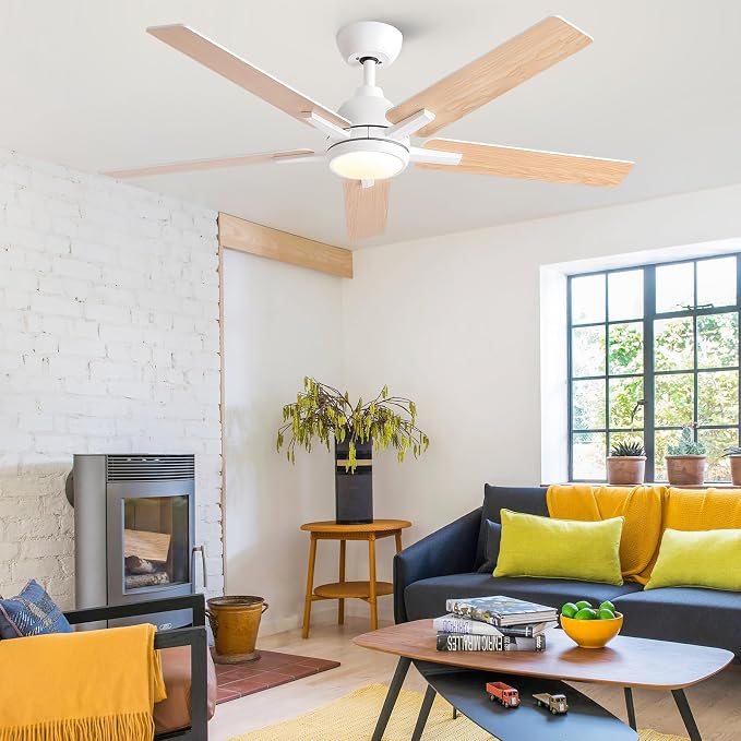 Sevenine 52 Inch Downrod White Ceiling Fan with Light & Remote, ETL Listed | 6 Speed, Quiet DC Motor, 3-Level Timer Function, 3 Color Temperature, Forward/Reserve For all Seasons, Indoor/Covered Outdoor