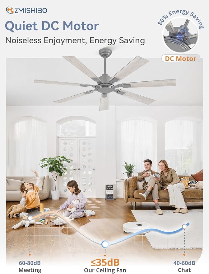 ZMISHIBO 60“ Ceiling Fans No Light with Remote, Silver Modern Ceiling Fan Without Light, Quiet Reversible DC Motor, 6 Speeds, 7 Blades Indoor/Outdoor Ceiling Fan for Living Room Bedroom Patio Garage