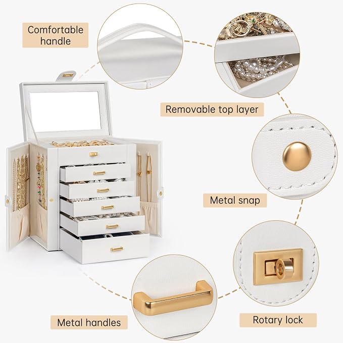 AKOZLIN 6-Tier Jewelry Box Organizer Functional 5 Drawers Leather Jewelry Storage Case for Women Girls Ring Necklace Earring Bracelet Holder Organizer with Mirror Medium White
