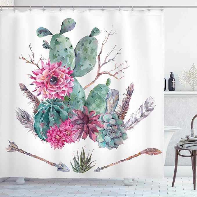 Ambesonne Cactus Shower Curtain, Exotic Natural Vintage Style Watercolor Bouquet Bohemian Arizona Vegetation, Cloth Fabric Bathroom Decor Set with Hooks, 69" W x 84" L, Green Pink Brown