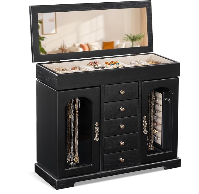 Miratino Jewelry Box for Women Girls, Wooden Jewelry Organizer Box with Mirror, 5 Layer Jewelry Storage Case Display for Necklaces Earrings Rings Bracelets Valentine's Day Gifts