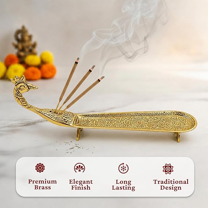 Putrika Brass Incense Stick Holder | Agarbatti Burner with Ash Catcher | Dhoop Batti Stand for Puja | Pooja Use – Peacock Engraved Design [24cm, 170g]