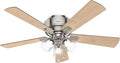 Hunter 52 inch Indoor Ceiling Fan with LED Lights and Pull Chain - Low Profile Flush Mount Ceiling Fan, 5 Blades, For Bedroom, Living Room, or Kitchen, Quiet - Crestfield 54209, Brushed Nickel