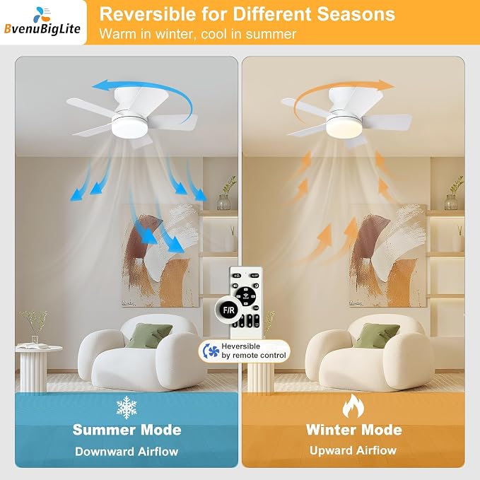 Ceiling fans with lights and Remote: 25 Inch Small Ceiling Fan with Light Low Profile - Flush Mount Bathroom Ceiling Fan Reversible 3CCT Dimmable Noiseless for Bedroom (White)