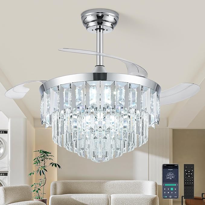 TXCSLY 48" Fandelier Ceiling Fan with Light, Crystal Chandelier Fan with Retractable Blades Dimmable Crystal Ceiling Fan Chandelier for Bedroom Living Room Dining Room-Chrome