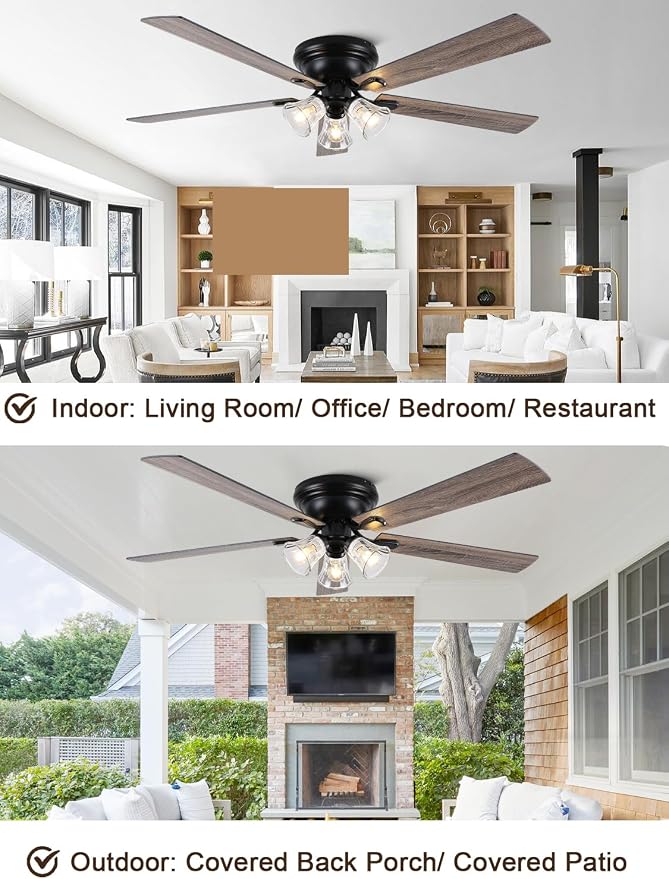 52" Flush Mount Crystal Ceiling Fan with Lights and Remote | Rustic Chandelier Ceiling Fan, Low Profile Farmhouse Fandelier for Bedroom Living Room Kitchen, 3 E12 Bulbs (Not Included)