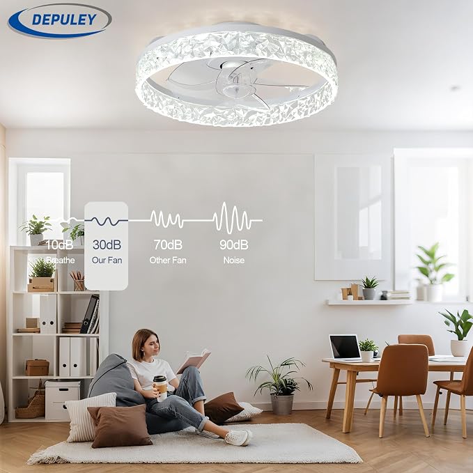 Depuley Ceiling Fans with Lights and Remote: 16" Modern Low Profile Flush Mount Ceiling Fan with App Remote Control - White Fandelier for Bedroom Living Room Kitchen Dimmable Quiet DC Motor