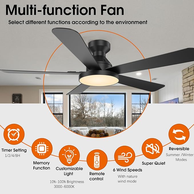 Ceiling Fans with Lights, 52 inch Low Profile Ceiling Fan with Light, Remote/App Control, Flush Mount Black Ceiling Fan for Bedroom, Indoor/Outdoor