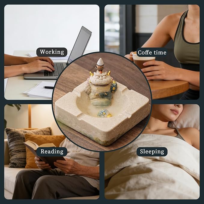 Pixiu Backflow Incense Burner with Ashtray, Mythical Beast Resin Incense Holder & Wealth Guardian Statue, Waterfall Smoke Effect Decor for Desk, Home Office Zen Gift