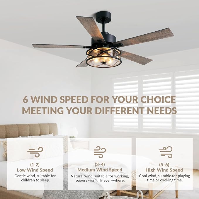Farmhouse Ceiling Fan with Lights 52 Inch Caged | Bubble glass shade farmhouse fandelier with walnut blades, quiet DC motor, remote, 6 speeds, timer for stylish living spaces.