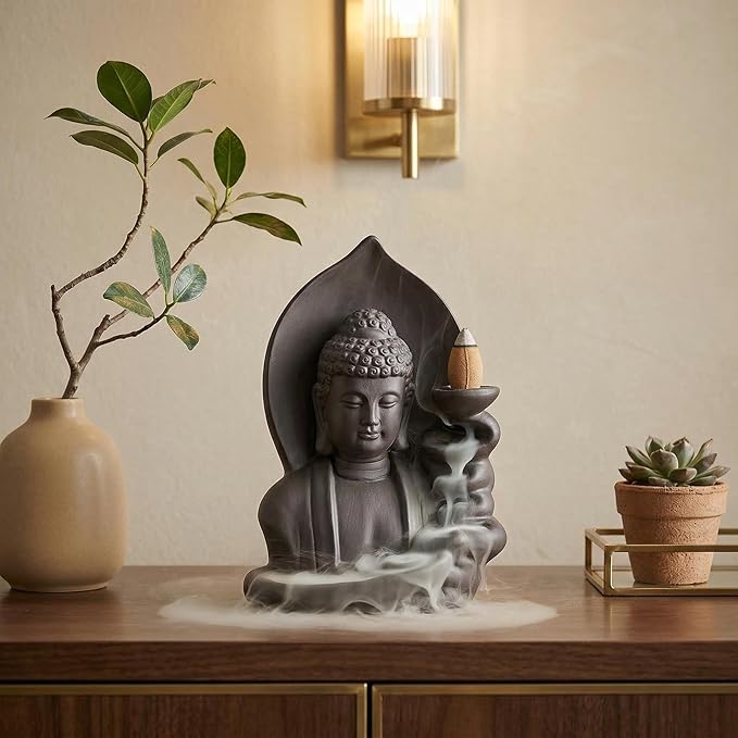 Ceramic Incense Burner, Waterfall Reflux Design, Aromatherapy Holder for Cones and Sticks, Dark Brown。 (404)
