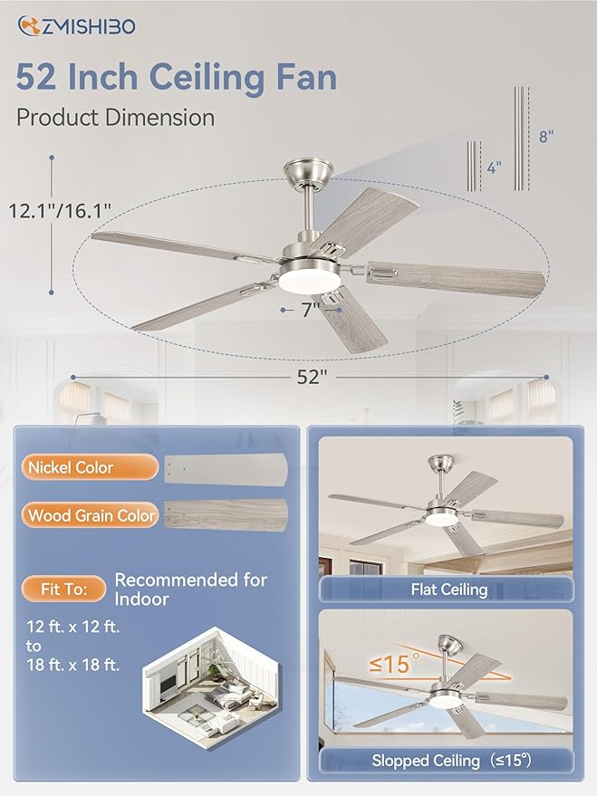 ZMISHIBO 52" Ceiling Fans with Lights, Nickel Modern Ceiling Fan with Remote & App Control, Bedroom Indoor Ceiling Fan with Dual Finish Blades, Quiet & Strong Motor, 24W Dimmable Bright LED Light.
