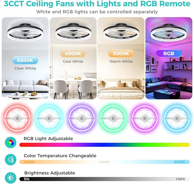 RGB Ceiling Fans with Lights and Remote, 20 Inch Flush Mount Low Profile Ceiling Fan with Light,3000K-6500K Dimmable,Modern LED Fandelier Ceiling Fan for Bedroom Living Room (Black)