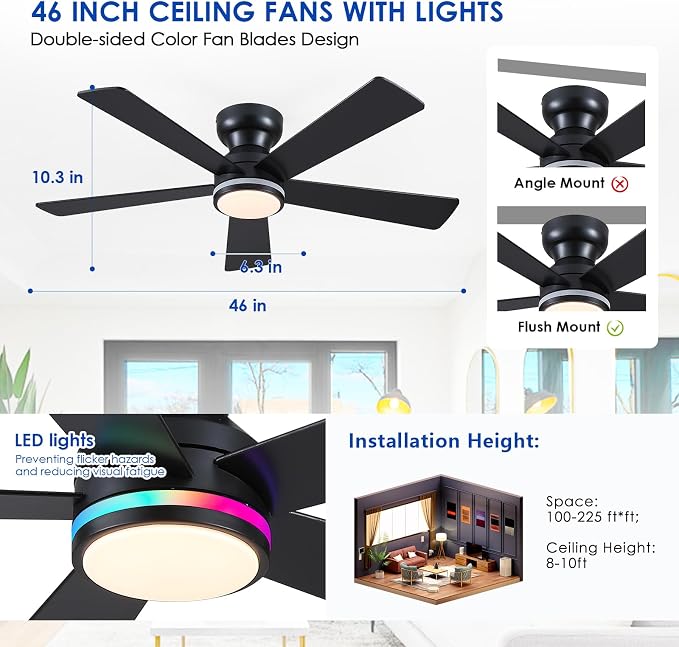 Black RGB Ceiling Fans with Lights - 46" Flush Mount Ceiling Fan with Remote APP, RGB+3CCT Dimmable Led Light, Reversible 6 Wind Speeds&2H Timer, Low Profile Modern Fan Light Fixture for Bedroom Party