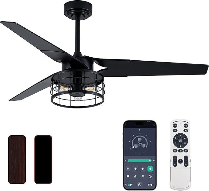 Chandelier Ceiling Fans With Lights And Remote,52 inch Caged Ceiling Fan With Light,App 3 Blades E26 Fandelier Ceiling Fans With Lights,Crystal Ceiling Fan For Bedroom,Living Room. (Black)