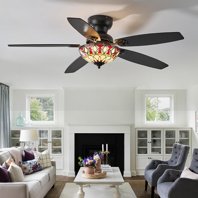 Tiffany Ceiling Fans with Lights - 52" Ceiling Fan Chandelier with 5 Dual-Blades and Glass Shade, 6 Speeds and Reversible, Indoor and Outdoor, Retro Style