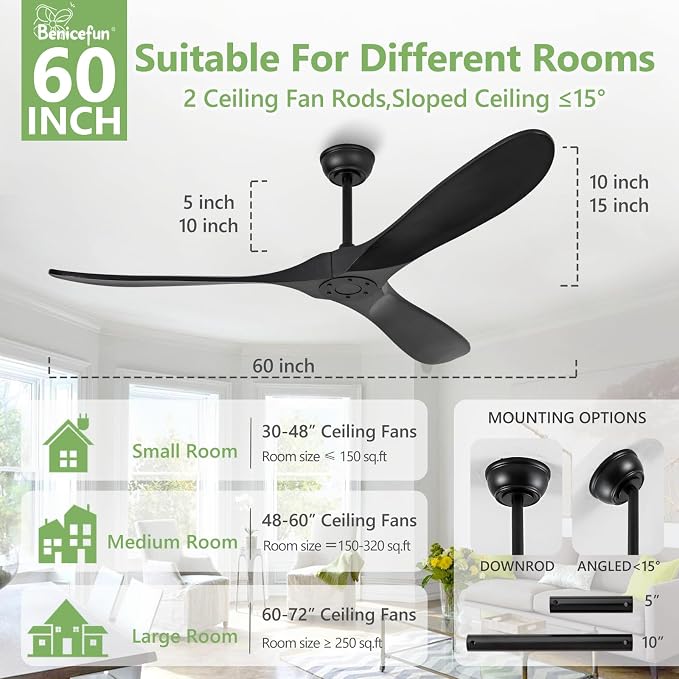 60 Inch Black Ceiling Fan No Light,Living Room Ceiling Fans Without Lights, Modern 3 Blade Quiet Dc Ceiling Fan For Slanted Ceilings, Rustic Wood Ceiling Fans For Gazebo With Wall Control