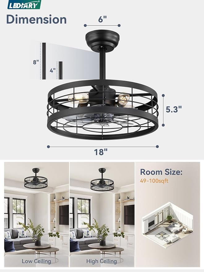 LEDIARY 18 inch Black Caged Ceiling Fan with Light, Bladeless Industrial Ceiling Fan with Remote, Farmhouse Fan Lights Ceiling Fixtures for Kitchen, Bedroom, Outdoor（6 Speed, Timing）-Black